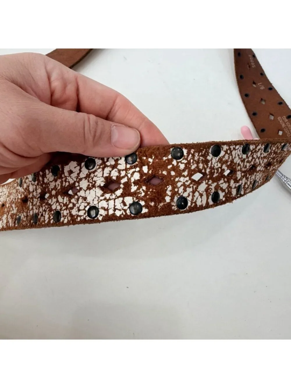 Aldo Y2K Western Boho Distressed Leather Belt Rhinestone Buckle Studded Brown